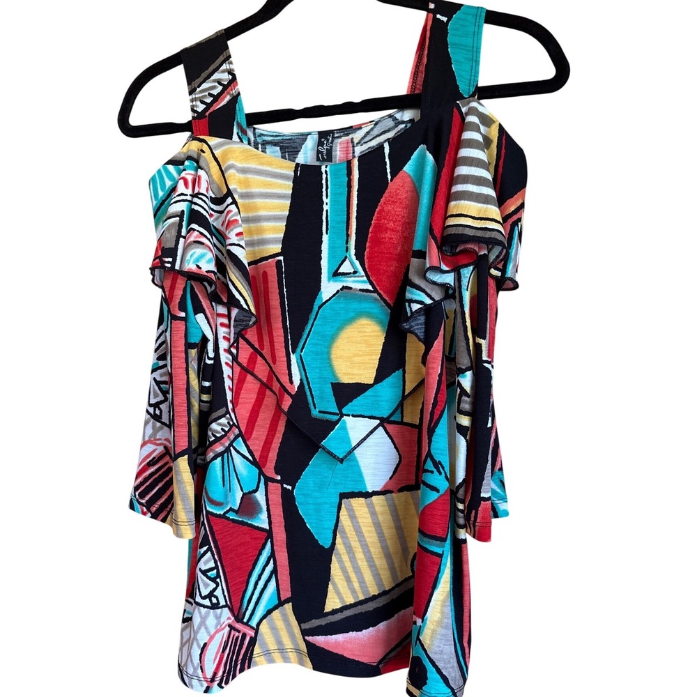 Fashque Studio Women Abstract Geometric Shoulder Ruffle Top Colorful Art to wear